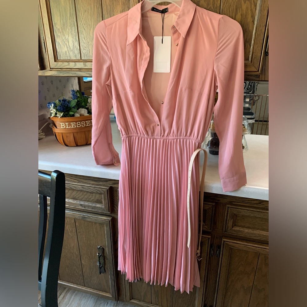 NWT Able Tree Brand Elegant Pink Pleated Dress with front buttons and belt